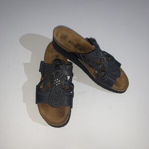 Naot Sandals Womens Size 7 Black Leather Slide Wedge Floral Rhinestone Comfort